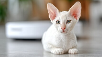 A cute white cat with large ears looks curiously at the camera. The soft fur makes it adorable. This image captures the playful nature of pets in a modern home environment. AI