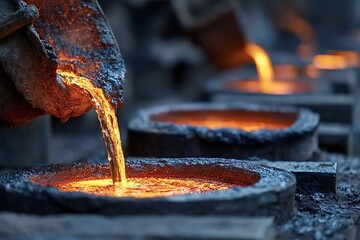 Liquid metal pouring from a bucket into molds at a foundry or steel mill, creating a stunning display of sparks and glowing orange light, illuminating the industrial scene