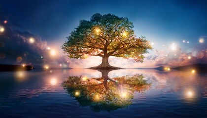 Obraz premium enchanted tree on water with surreal dreamy lights and reflections