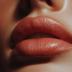 A close-up of lips, highlighting the texture and natural color or makeup