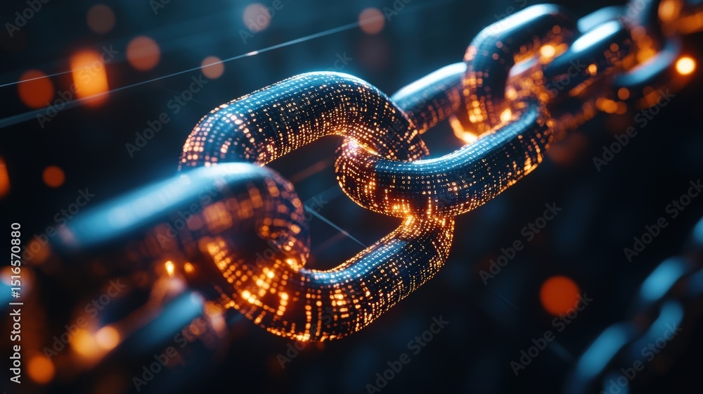 Poster close-up of a glowing metal chain with illuminated links in a dark background representing connectio