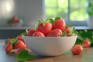Fresh ripe strawberries in a white bowl on wooden table near window with sunlight. Bright and juicy scene perfect for healthy food ads, summer recipes, organic markets, or nutrition content.