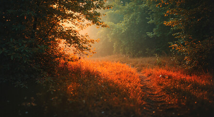  Serenity summer landscape at sunset with a sunlit path through the forest