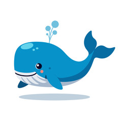 Obraz premium Cute Blue Cartoon Whale Illustration with Water Spout and Smiling Face on White Background