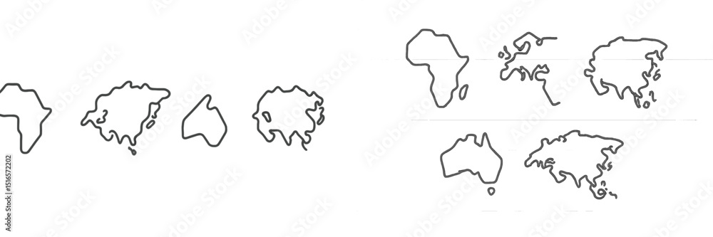 Aufkleber World map outlines presented in a minimalist style on a white background with variations in shape and size during an artistic representation
