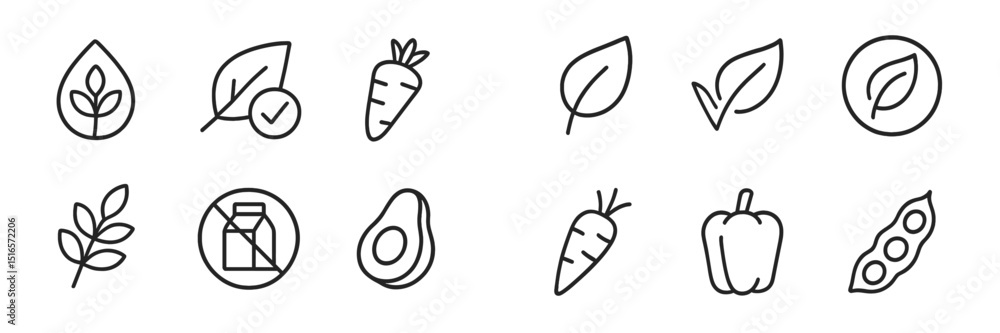 Poster collection of simple line icons depicting various vegetables, leaves, and eco-friendly symbols for u