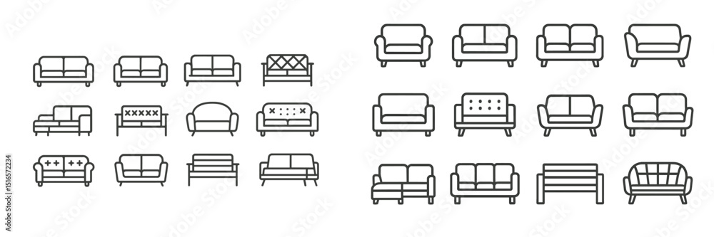 Poster Variety of sofa designs with different styles and shapes displayed on a white background