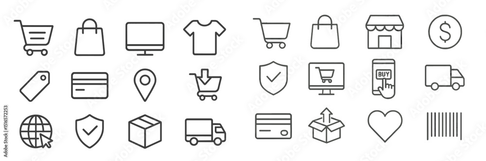 Poster collection of shopping-related icons depicting various retail elements and online transactions for c