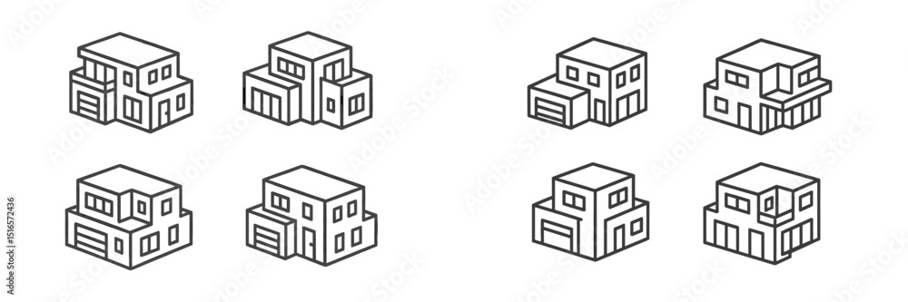 Poster line drawings of modern houses showcasing various architectural designs and structures in a minimali