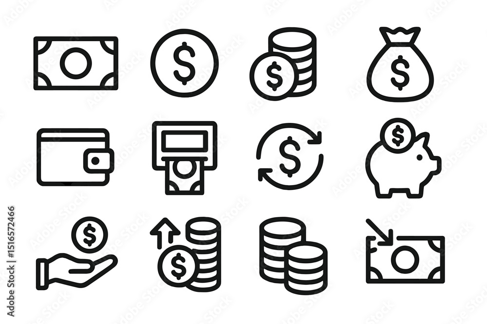 Poster variety of financial icons representing money, wallets, and transactions in a simple design