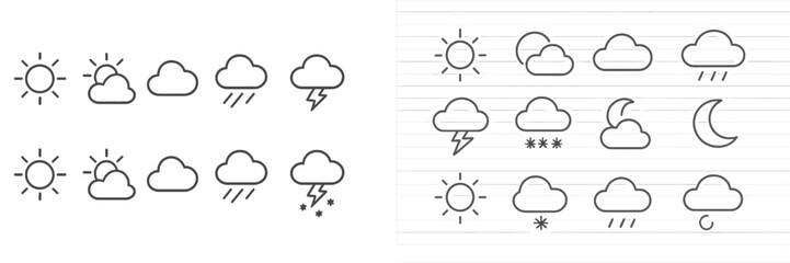 Weather symbols depicting sunny, cloudy, rainy, and stormy conditions arranged on lined paper