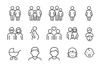 Icons representing various family structures and relationships in a minimalistic style suitable for design work