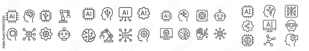 Fototapete Collection of line art icons representing artificial intelligence concepts and technologies displayed on a white background
