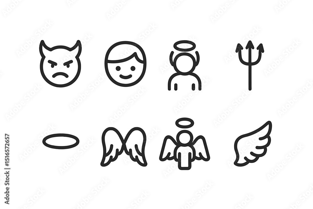 Poster Symbols of good and evil represented by simple line icons in a minimalistic style suitable for various designs and applications
