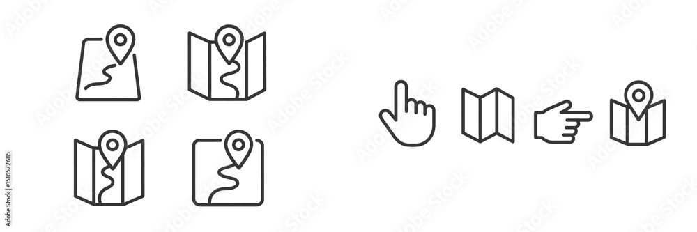 Aufkleber icons depicting navigation tools, map markers, and directions for orientation in various contexts