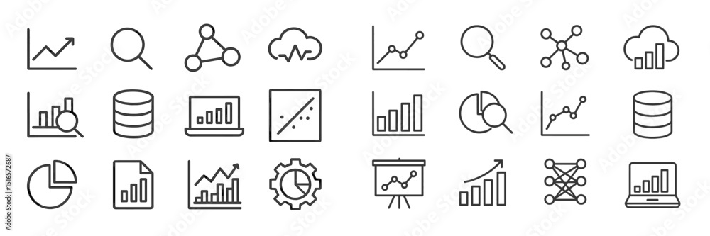 Poster collection of data analysis and visualization icons on a digital canvas