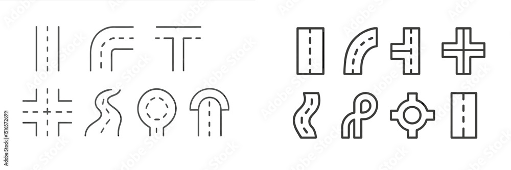 Aufkleber Road design symbols for urban planning, featuring various intersections and pathways in a clear and minimalistic style