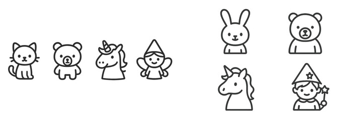 Naklejka premium Cute and playful illustrations of various animals and characters in a whimsical style perfect for children's design