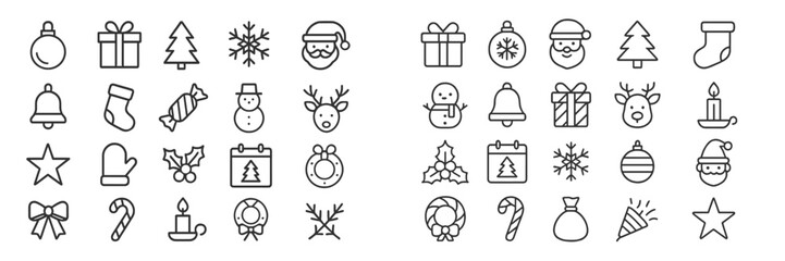 Fototapeta premium Icons showcasing various Christmas and winter holiday symbols in a simple linear design