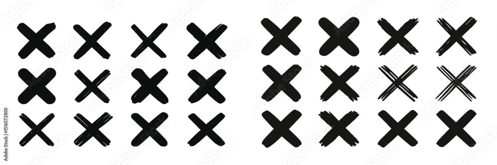 Poster Collection of black brush stroke marks in various styles arranged systematically on a white background