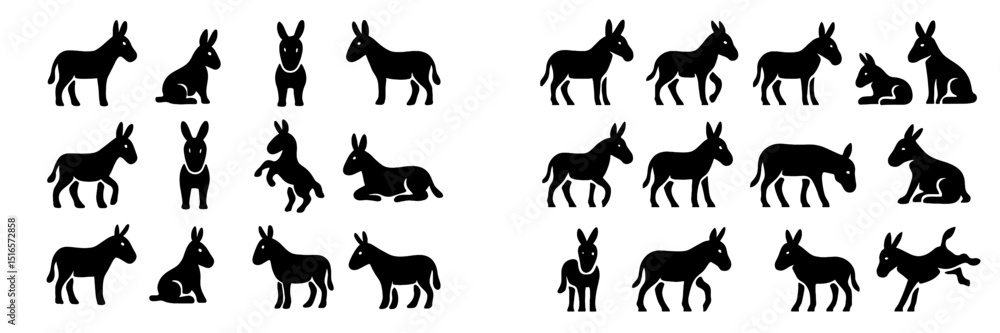 Poster Stylized black donkey illustrations in various poses on a white background showcasing playful and relaxed behaviors