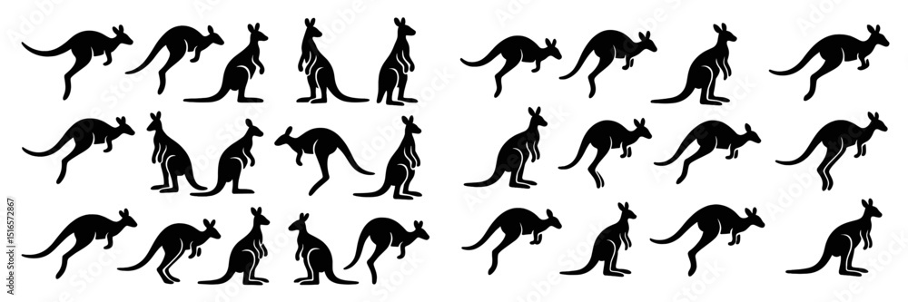 Poster various kangaroo silhouettes in different poses showcasing their movement across an artistic backgro