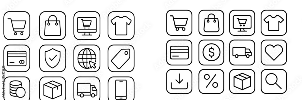 Poster collection of simple line icons representing e-commerce activities and elements for digital shopping