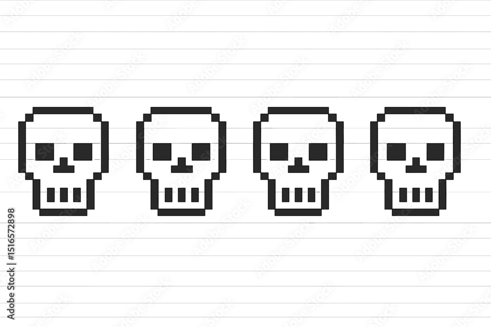 Aufkleber pixel art skulls lined up on a notepad background representing halloween fun and digital creativity