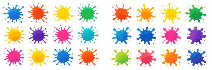 Colorful splashes of paint in various shades arranged in a playful pattern on a white background