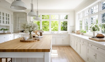 Fototapeta premium bright spacious kitchen interior with central island, white cabinetry, pendant lighting, natural wood countertops, soft daylight from wide windows