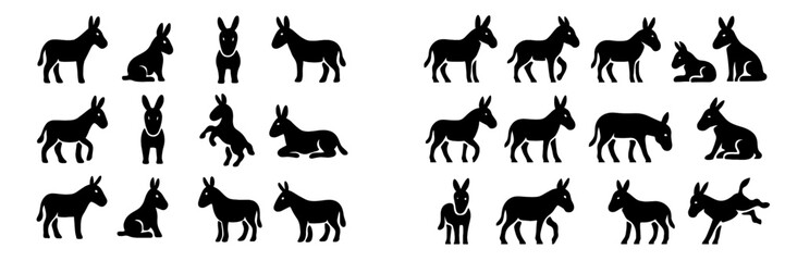 Fototapeta premium Stylized black donkey illustrations in various poses on a white background showcasing playful and relaxed behaviors
