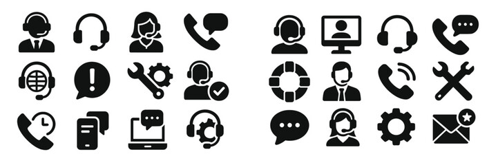 Various icons representing customer support and communication methods used in call centers and help desks