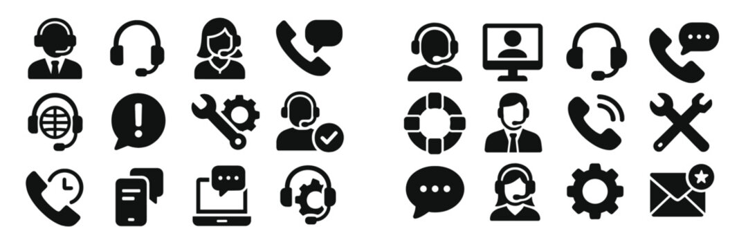 Various icons representing customer support and communication methods used in call centers and help desks