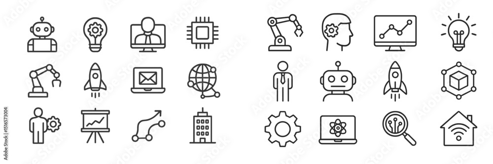 Fototapete Collection of technology and automation icons illustrating innovation and robotics concepts in a minimalistic style