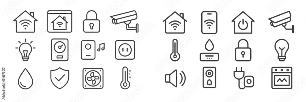 Poster collection of smart home icons representing security, connectivity, and automation features for mode