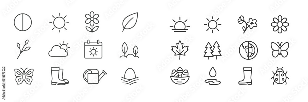 Poster collection of minimalistic line icons representing outdoor activities and nature elements in a clean