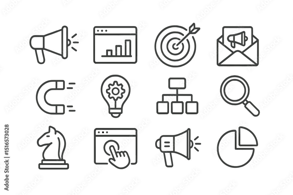 Poster Various symbols representing digital marketing strategy and analytics concepts in a linear design on a light background