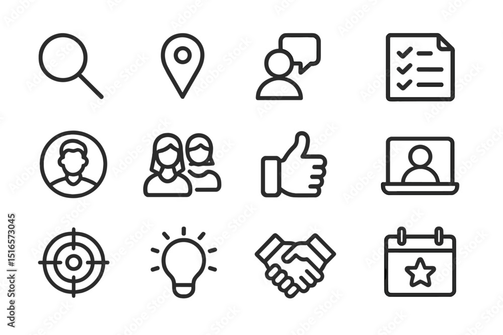 Poster Collection of simple line icons representing communication, teamwork, and planning concepts in a modern digital style