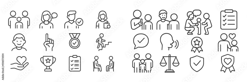 Poster collection of simple line icons representing teamwork, achievement, assessment, and family in variou