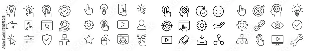 Poster collection of various outline icons representing technology, creativity, and user engagement in a mo