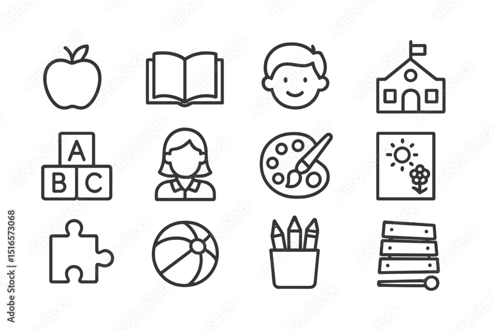 Poster educational symbols representing childhood learning and activities in a playful design