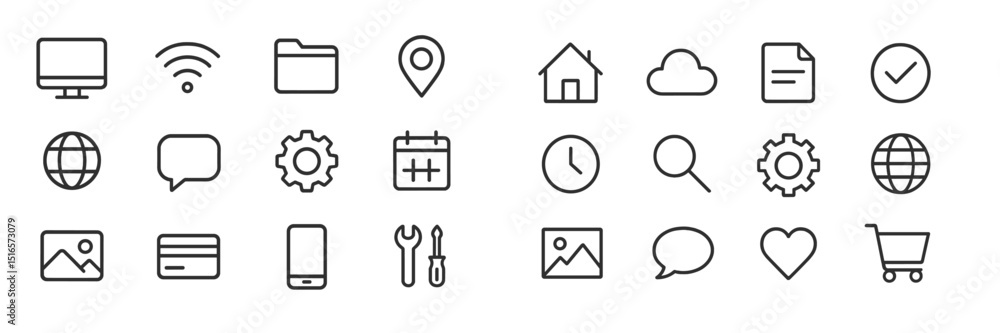 Poster collection of various monochrome icons representing technology and online activities in a modern des