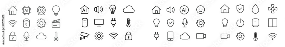 Poster variety of simple line icons representing technology, home automation, and security elements arrange