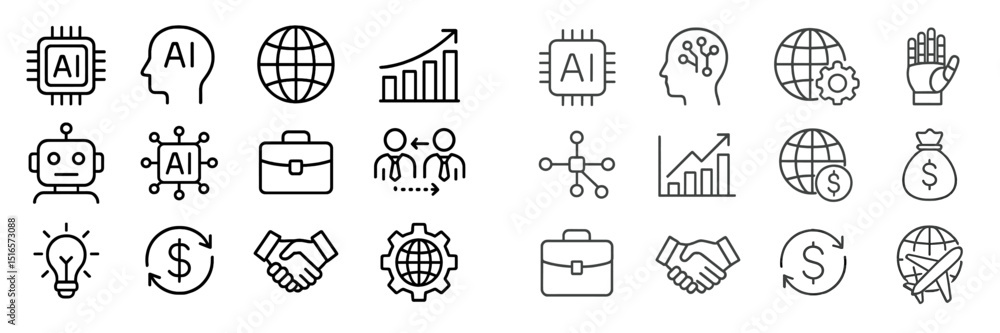 Poster collection of line icons representing artificial intelligence, business, and technology in a minimal