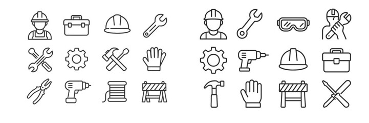 Construction tools and equipment icons depicting various trades and occupations in a simple style suitable for design projects