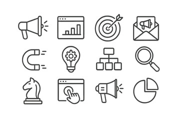 Various symbols representing digital marketing strategy and analytics concepts in a linear design on a light background
