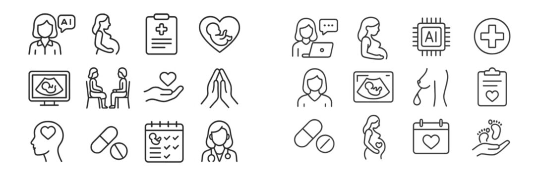 Healthcare icons depicting pregnancy, technology, and medical services in a digital format for education and awareness