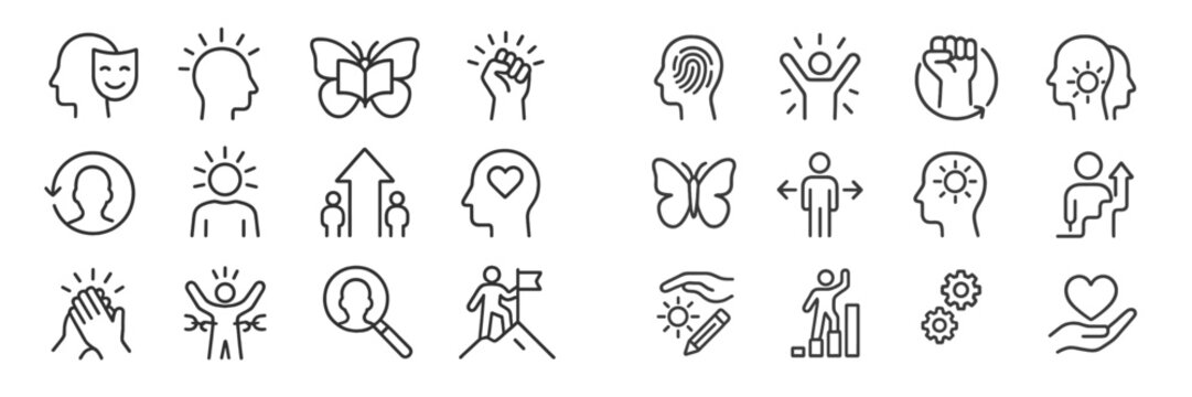 Collection of minimalist icons representing personal growth, mindfulness, and emotional well-being concepts in various styles