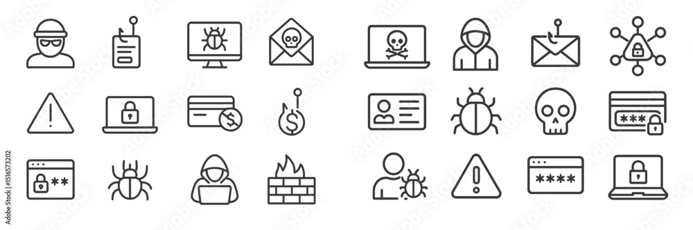 Aufkleber cybersecurity icons representing various online threats including hacking, malware, and data protect