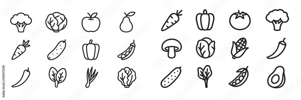 Poster Fresh vegetables and fruits illustrated in a simple line drawing style presented in a grid format